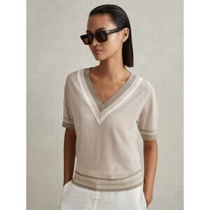 Reiss Sadie Cotton Blend Marled V-Neck Knit Top in Neutral